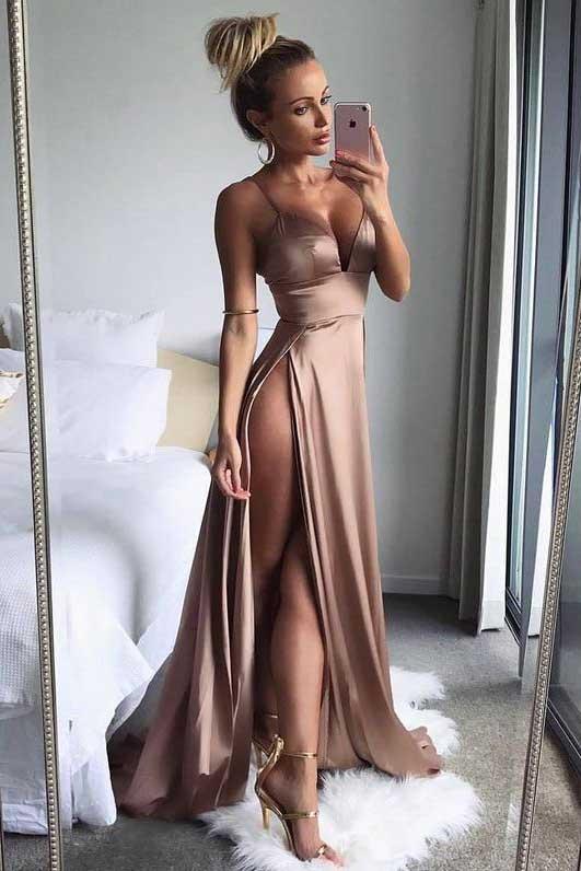 Brown Satin Deep V Neck Spaghetti ...